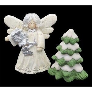 Homco Winter Christmas Tree Figurine with Standing Ceramic Angel